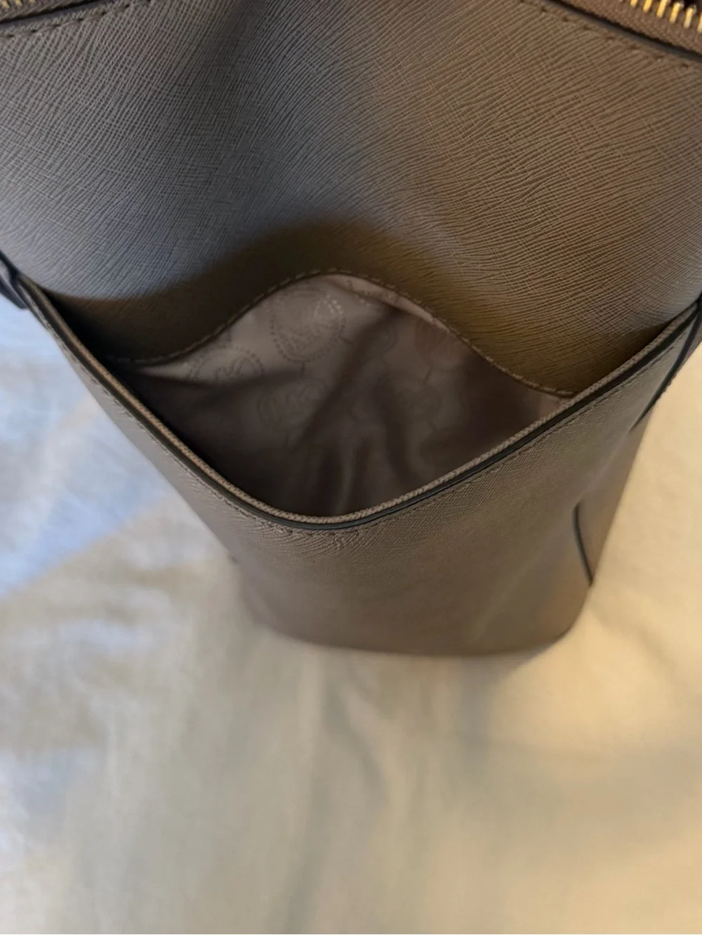 Michael Kors Taupe Saffiano Leather Tote with Gold Logo Charm